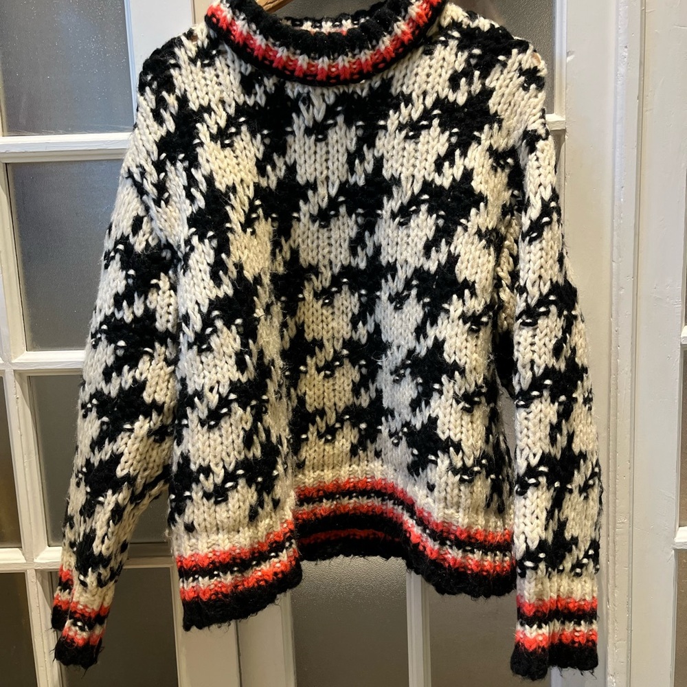 Blank NYC Black and White Houndstooth Sweater with Red Accents